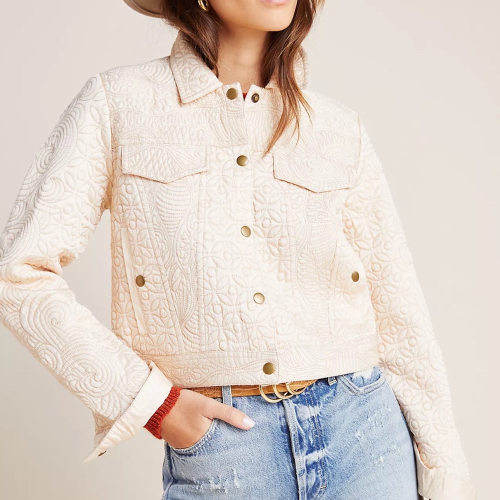 Anthropologie Federica Quilted Cream Trucker Jacket Gem